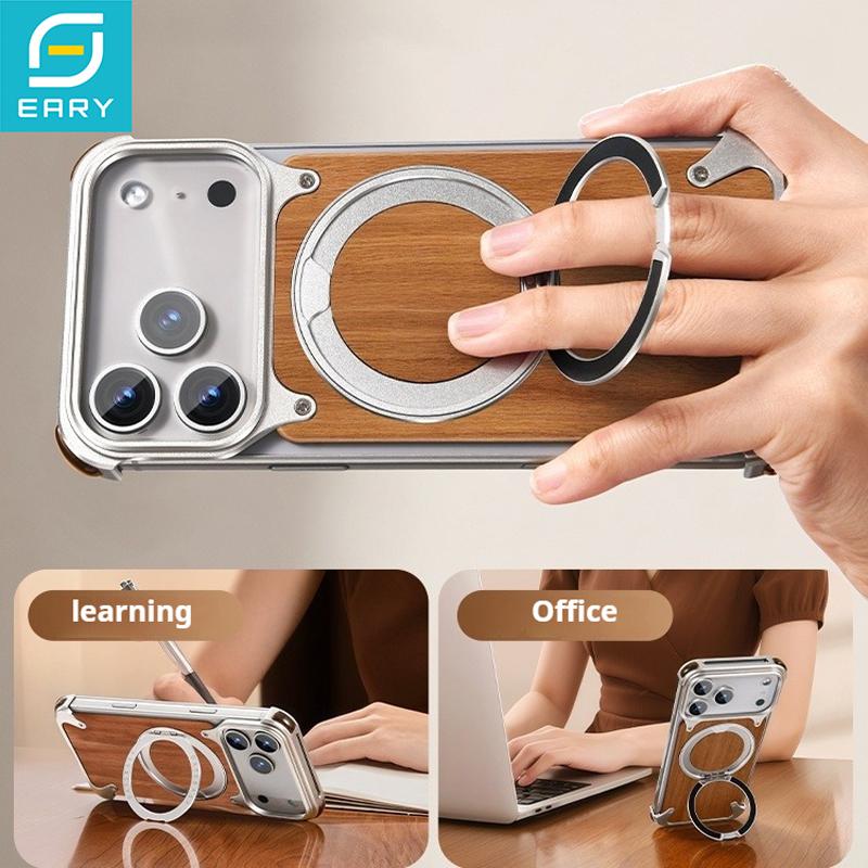 Eary Magnetic Wooden Case for iPhone 17 Pro Max Air for MagSafe Wireless Chargers 360°Rotating Stand Aluminum Solid Wood Shells