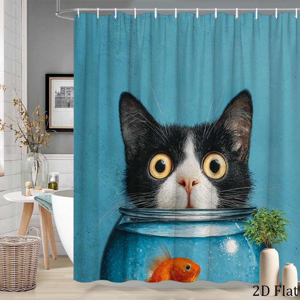 

Cute Cat Staring At Goldfish Shower Curtain Machine Washable All Season Waterproof Privacy Protection Animal Design Fun 12Hooks W60H190(CM)-1 Pcs