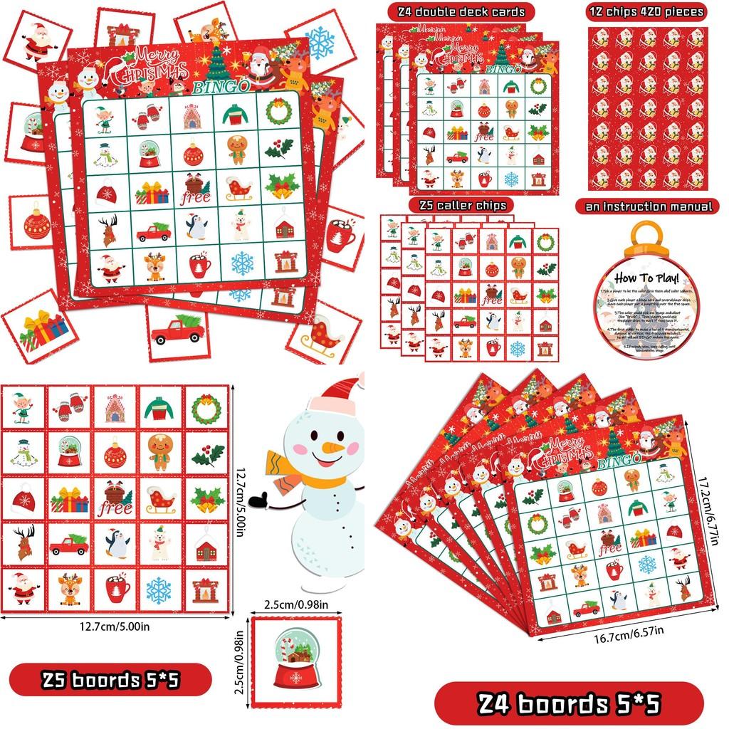 Bingo Christmas Theme Game Santa Snowman Paper Cards Set Family Holiday Fun Play