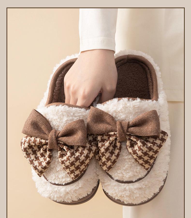 Women's Bowknot Plush Cotton Winter Slippers - Cute, Warm, Thick-Soled Indoor Footwear