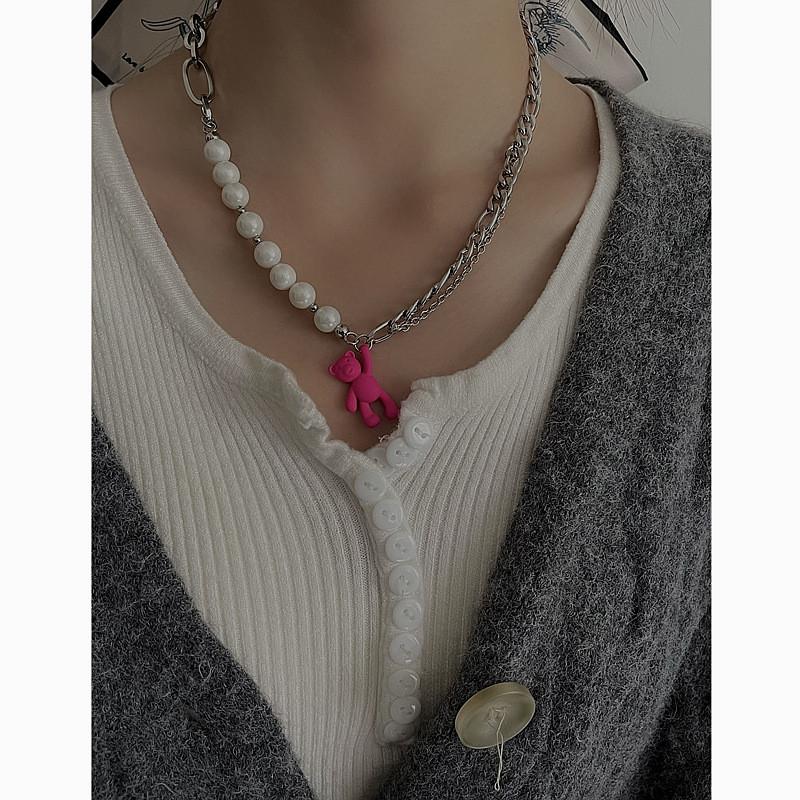 Pink Bear Pendant Necklace For Women Girls Cute Animal Jewelry With Pearl Chain