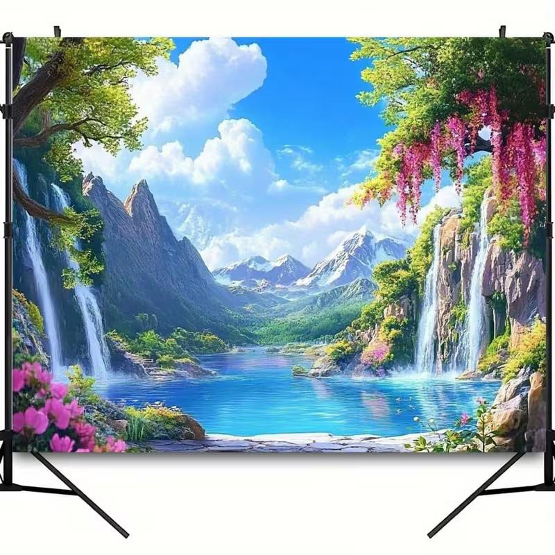 2D Anime Mountain Lake Background for Home Decor and Photoshoot