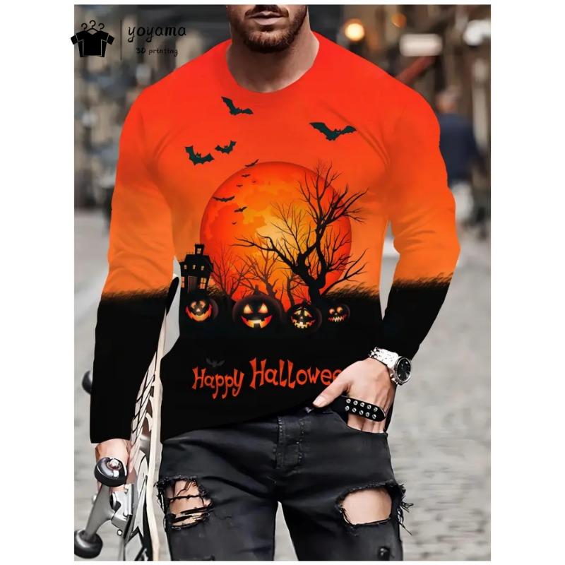 Męska koszulka z nadrukiem na Halloween, męska koszulka z długim rękawem i okrągłym dekoltem, odzież męska, męskie koszulki z grafiką na Halloween, codzienna odzież męska, topy