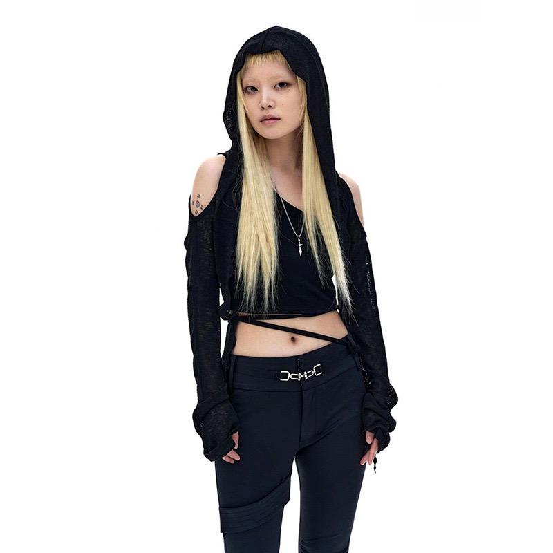 Trička s dlouhým rukávem a kapucí Sexy trička Harajuku Ženy Y2k Estetický Grunge Streetwear Crop Top Tenký Cardigan