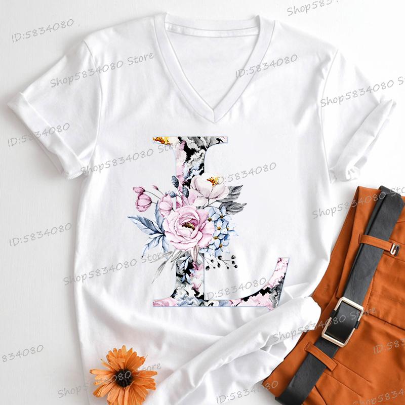Watercolor Letter C Print Women Vneck Tshirts 26 Initials Flower Retro Classic Tops Alphabet Floral Womens Birthday Gift Tees