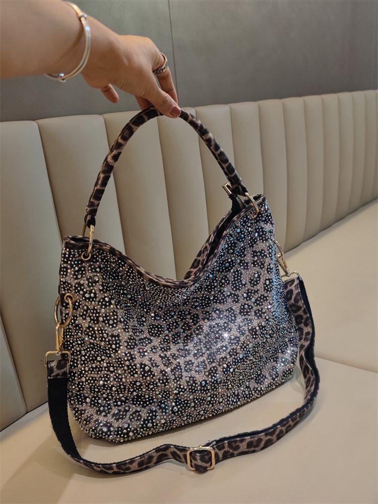 Soft Leather Leopard Print Tote Bag Large Capacity Diamonds Commuter Shoulder Bag for Women