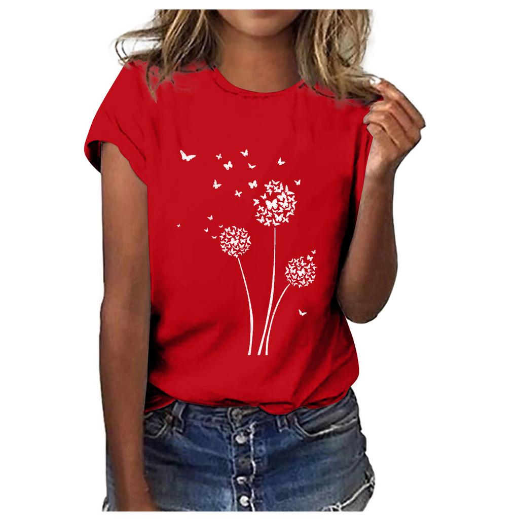 Women Fashion Casual Tops Printed Short Sleeve Shirts Round Neck Pullover T Shirts