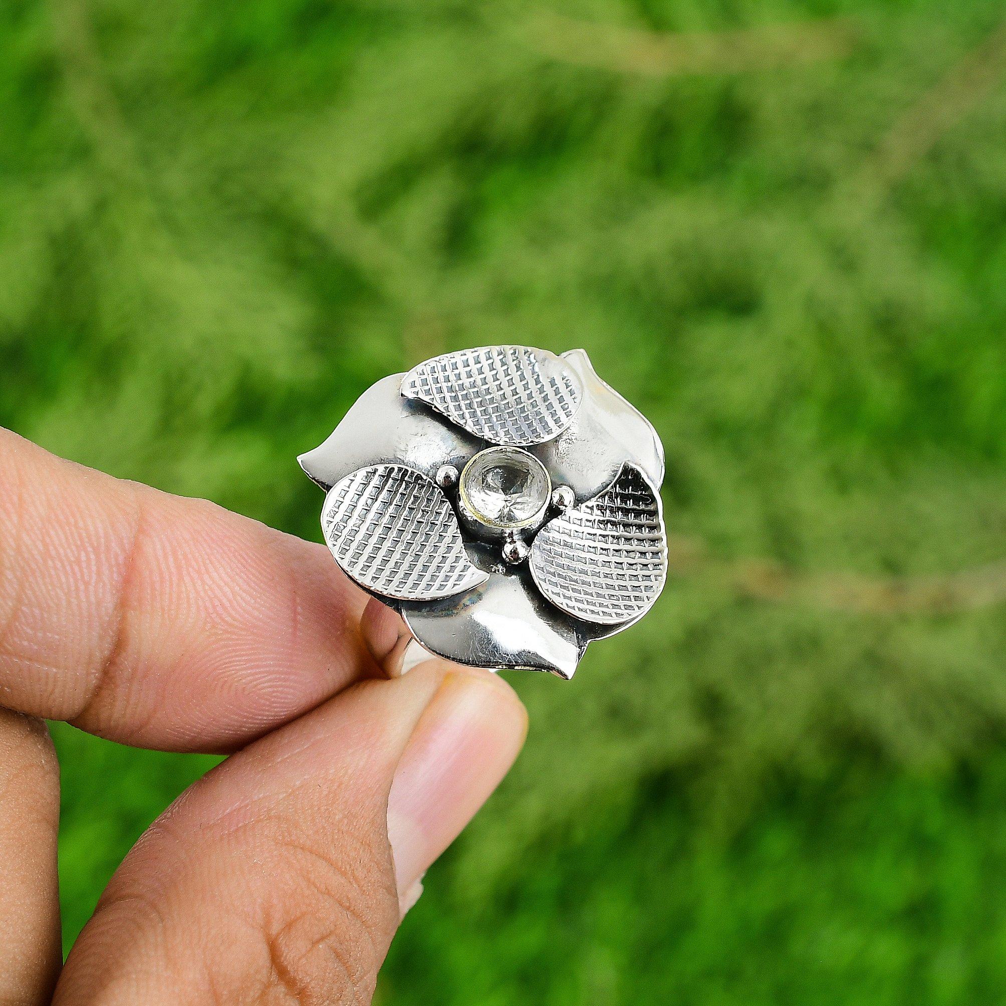 

Round Natural White Topaz Multi Stone Flower Promise Ring 925 Sterling Silver Adjustable