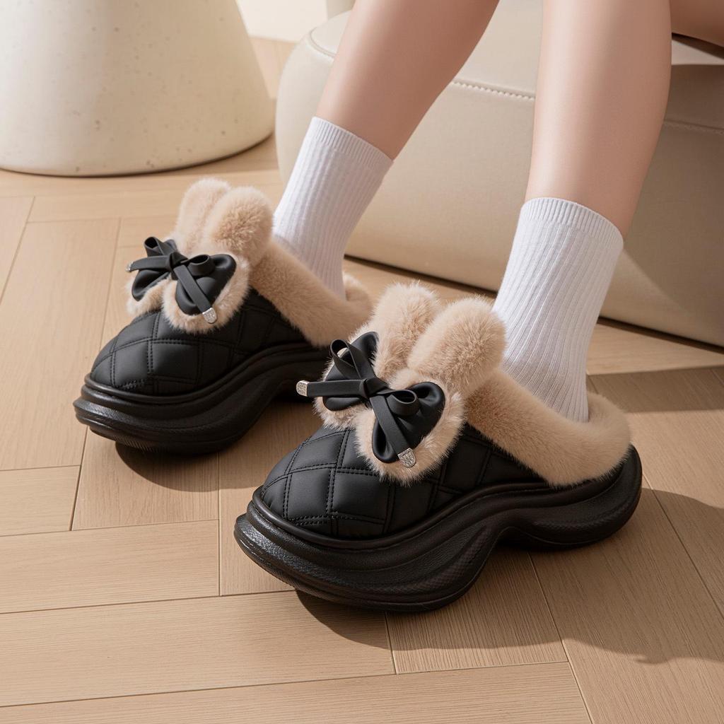 Damen 2025 Winter Schleife Baumwollpantoffeln: Rutschfest, Dicke Sohle, Warmes Plüsch für den Außenbereich