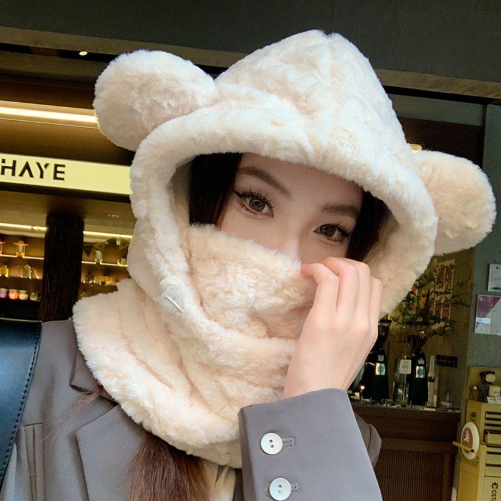 Keep Warm Bear Ears Beanies Hat Plush Mask Skullies Set Kawaii Balaclava Hat  Female/Girls