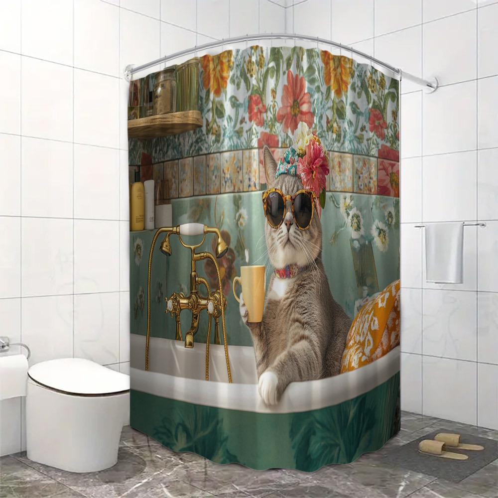 Stylish Cat in Bathtub with Sunglasses Waterproof Shower Curtain, Modern Bathroom Decor, Unique and Durable,Perfect for Home Use
