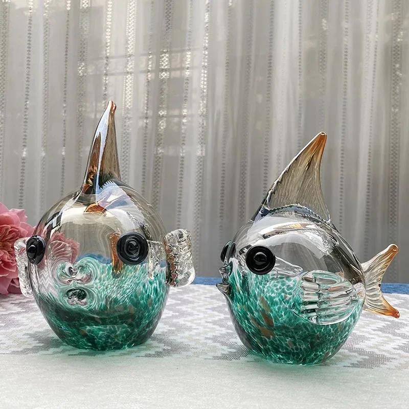 Glass Gradient Colorful Fish Statue Crystal Fish Figurine Sculpture Room Fish Tank Aesthetic Ornament Home Desk Decor