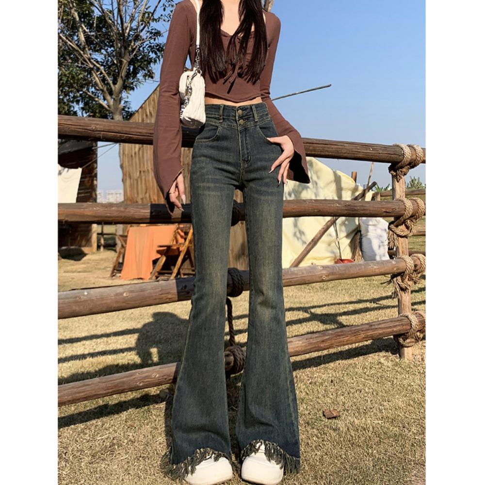 Slight jeans women's autumn and winter new rough-edged horseshoe pants versatile high-waisted thin fringed flared pants tide