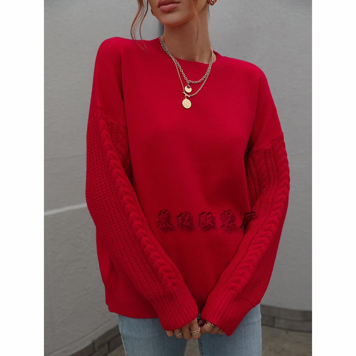 

2024 Европейский и американский осенне-зимний однотонный вязаный свитер с длинными рукавами и круглым вырезом, витой веревкой, свитер для женщин XL ярко-красный