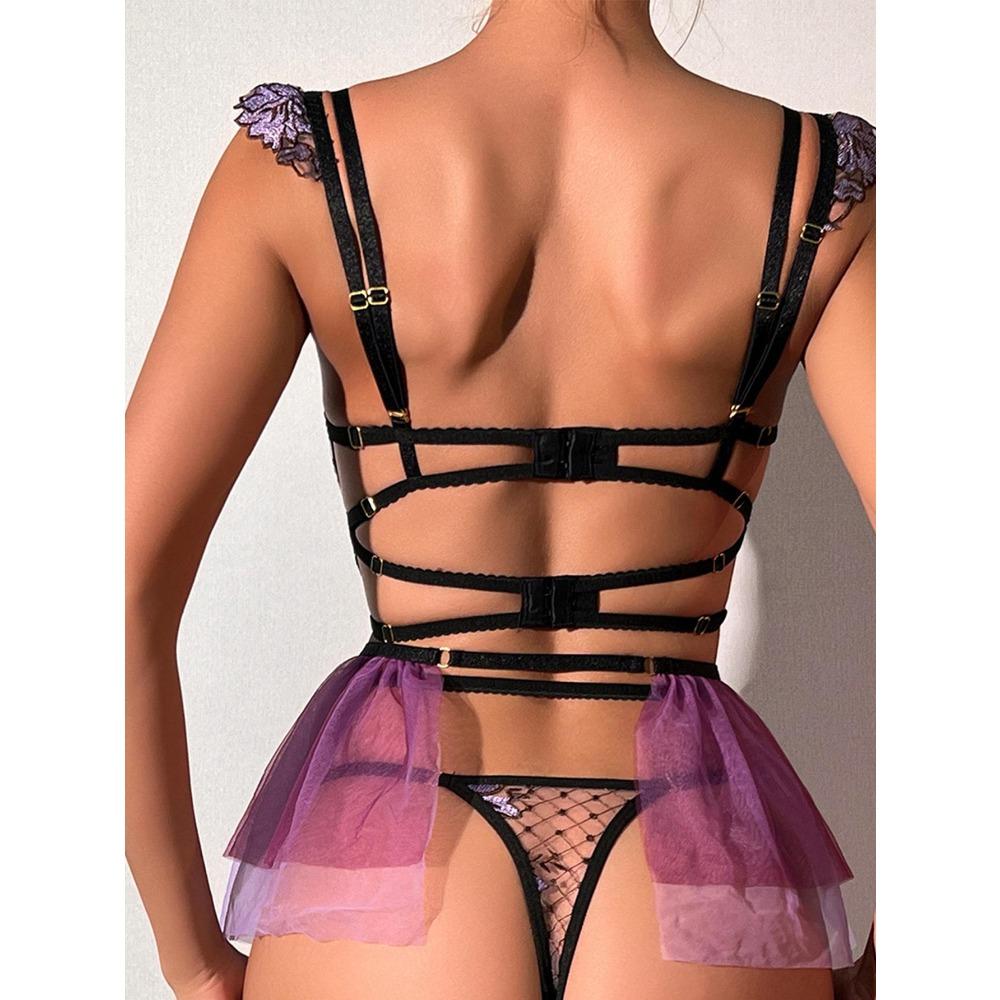 Ladies Lingerie Set with Embroidered Hollow Flower Patterns Cute Metal Charm Clips Uniform Style Apron Set for Sexy Costume Play