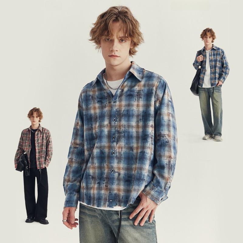 Spring and Autumn Men's Plaid Long Sleeve Retro Rave Loose Lap Collar Shirt Jacket