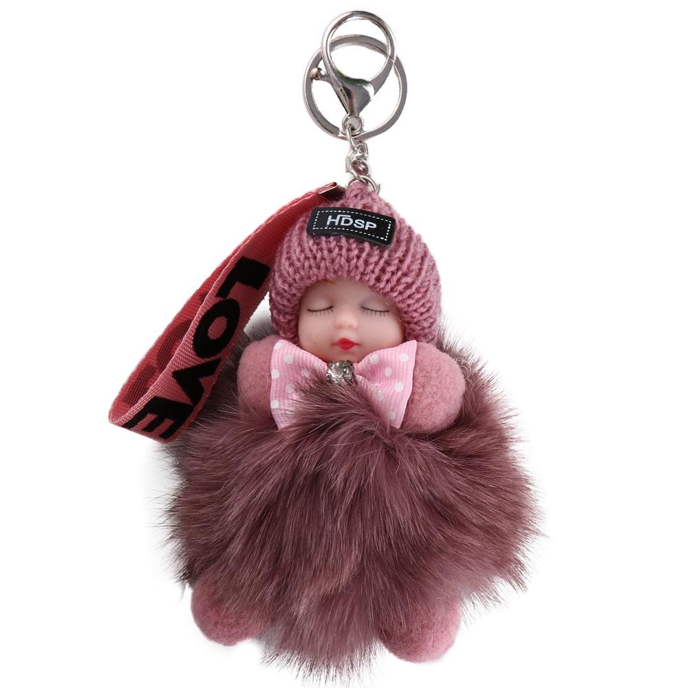 1 Stuks Kawaii Pluche Sleutelhanger Creatieve Slapende Babypop Tas Hanger Schattige Kleurrijke Pompom Auto's Sleutelhanger brown