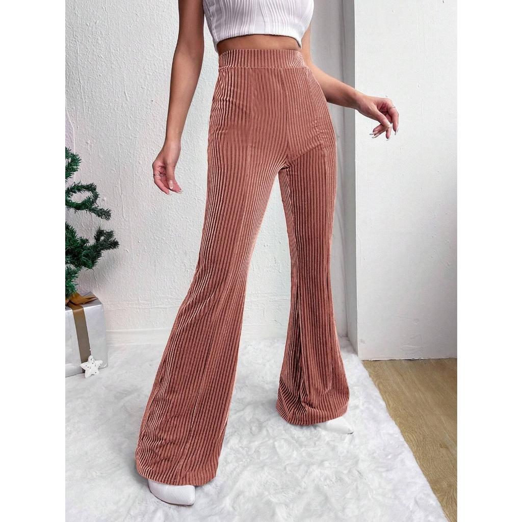 Ladies, High Waisted, Corduroy, Flared Pants, Solid Color, Casual Pants, Wide Leg Pants, Long Pants