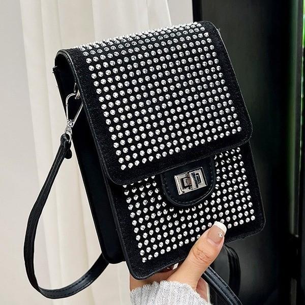 Fashionable 2024 Rhinestone Embellished Velvet Phone Bag Vertical Small Handbag For Women
