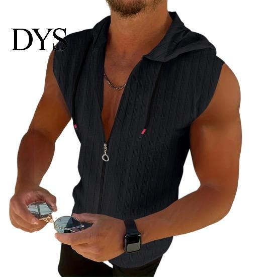 Bequemes Herren Freizeit T-Shirt Mit Kapuze Reißverschluss Jacquard Ärmelloser Hoodie Stylisches Hemd mit Reißverschluss Vorne Texturiertes Sommer Tanktop für Fitnessstudio Straße