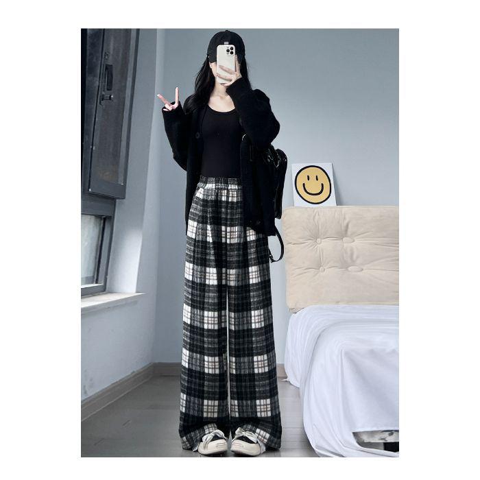 

Women s Woolen Plaid Wide-Leg High Waist Pants - Plus Velvet Thick Warm Casual Sweatpants for Autumn/Winter. L