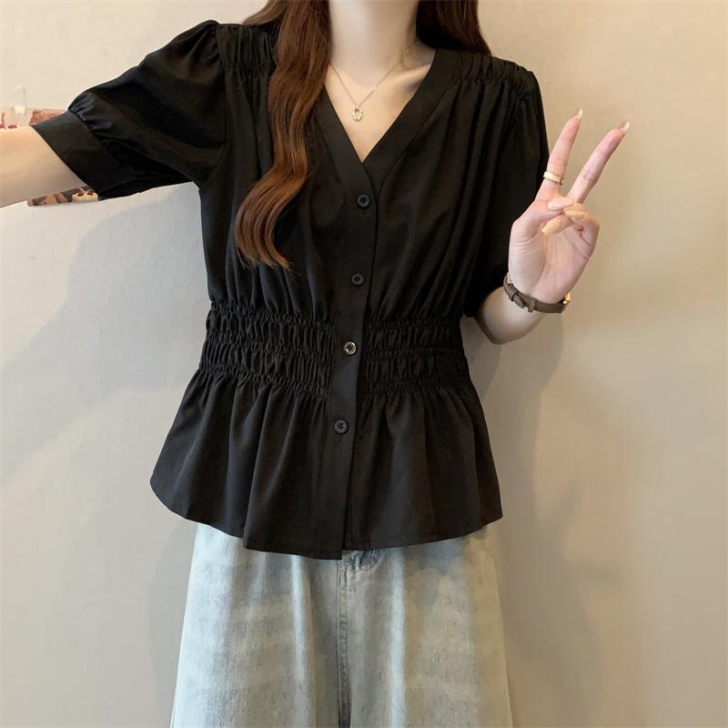 Camicetta Estiva da Donna Scollo a V Vita Camicia Colore Unico Design Taglie Forti Skinny Copri Carne Blusa