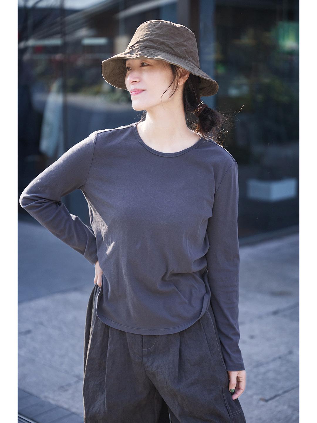 

Spring/Summer Retro Smoky Gray Ultra-Thin Stretch Long-Sleeve Round-Neck Knit T-Shirt L