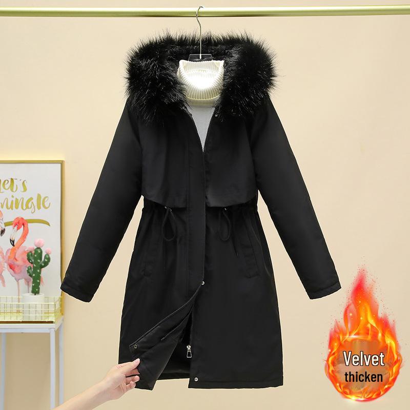 Women's Mid-Length Winter Parka: Thickened Velvet, Korean Style, Loose Fit, Large Fur Collar Cotton Jacket
