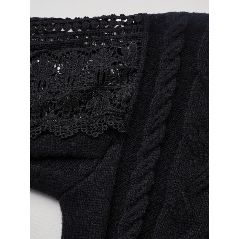 Women'S Elegant Sweater with Lace Detail - Mandarin Collar, Geometric Pattern, Fall/Winter StyleSweater Top