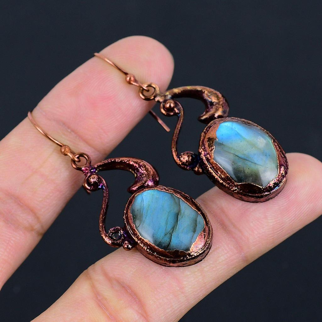 Labradorite Copper Electroformed Earrings, Handmade Gemstone Earrings Jewelry, Gifts For Wife Brand New Earrings