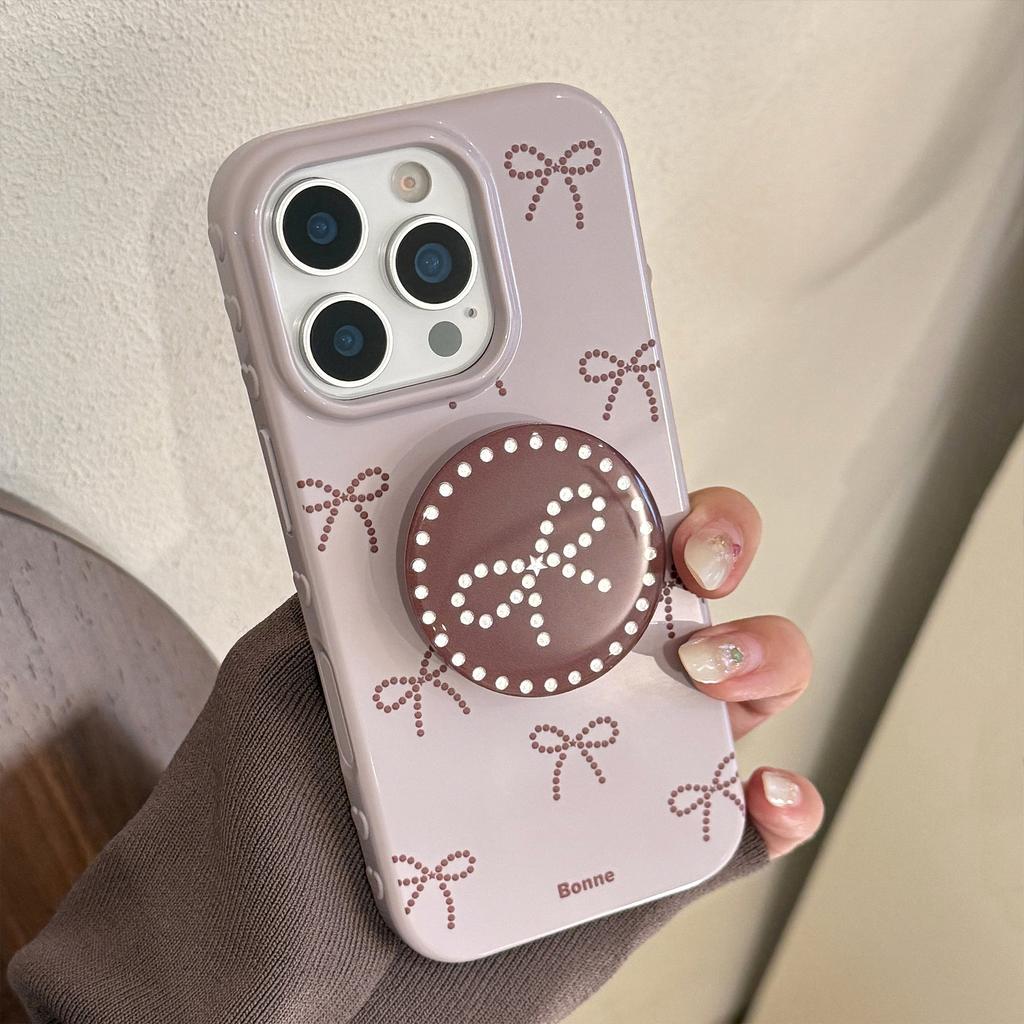 Styl Ins Szaro-Fioletowa Kokardka do Etui na Telefon Komórkowy Apple 17pro Max dla IPhone15Dla14 Pozłacany Stojak 16 Miękki