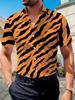 Men'S Tiger Stripe Wild Short Sleeve Shirt, Street Trendy Cool Style Blouse, Full Print Orange Black Contrast Tiger Pattern Loose Top, Suitable for