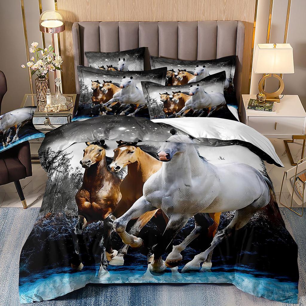 Horse Three-Piece Flower 3D Digital Printing Quilt Cover Bed Sheet Pillowcase Bedding Kit