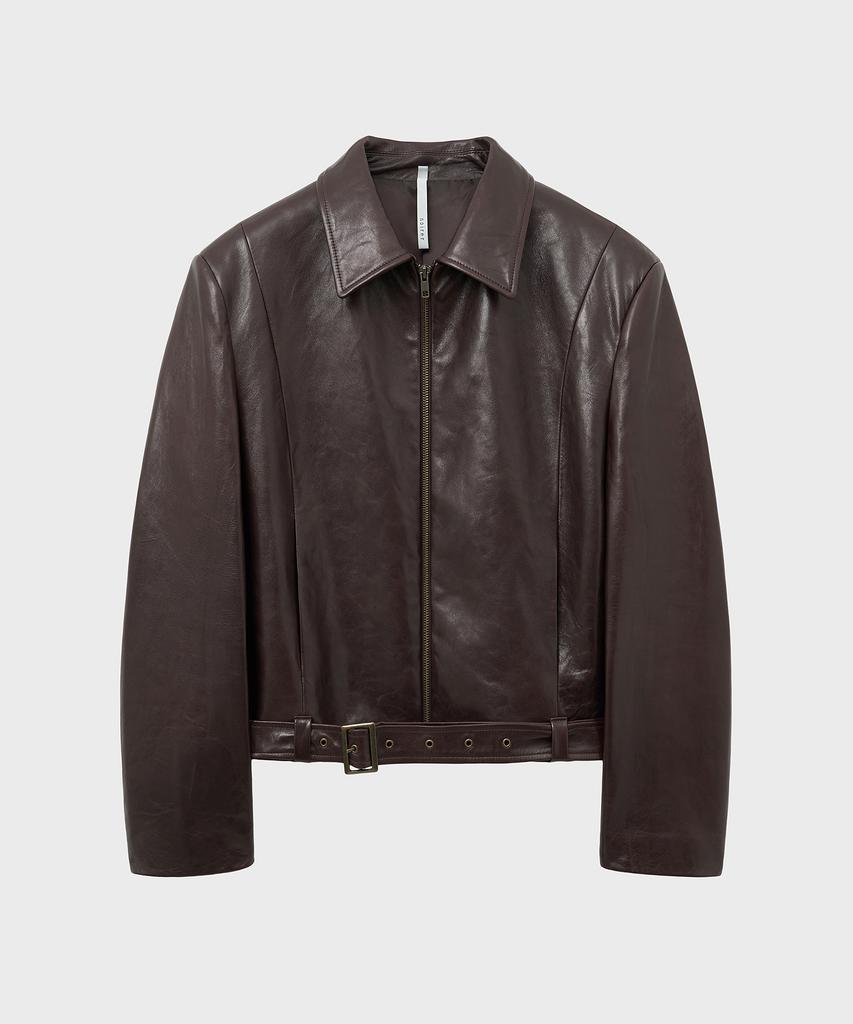 Noirer Lambs Leather Belted Crop Jacket (Burgundy)