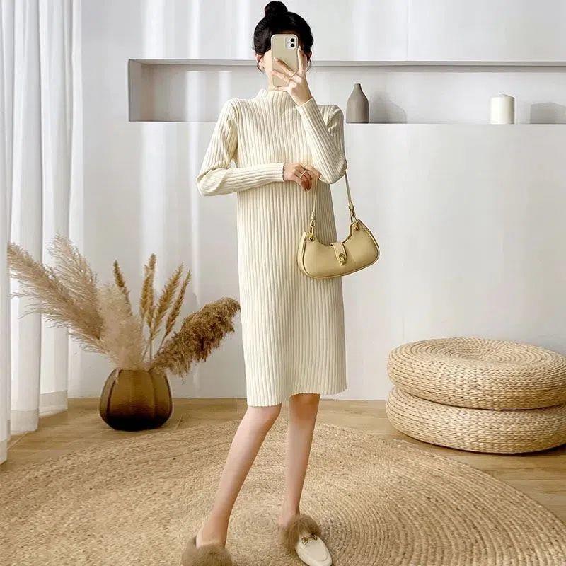 2025 Autumn/Winter Plus Size Over-the-Knee Knit Dress - Solid Color, Versatile Style
