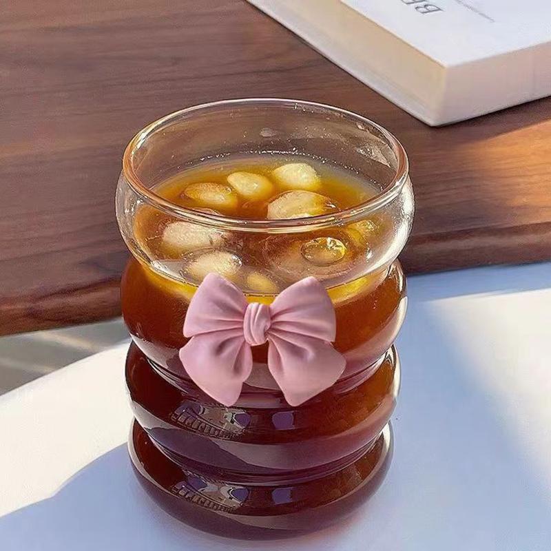 1pc Bow Glass Cute Water Cup Cartoon Bow Glass Cup Striped Cute Doodle Coffee Mug Household Fruit Tea Lemonade Girls Gift