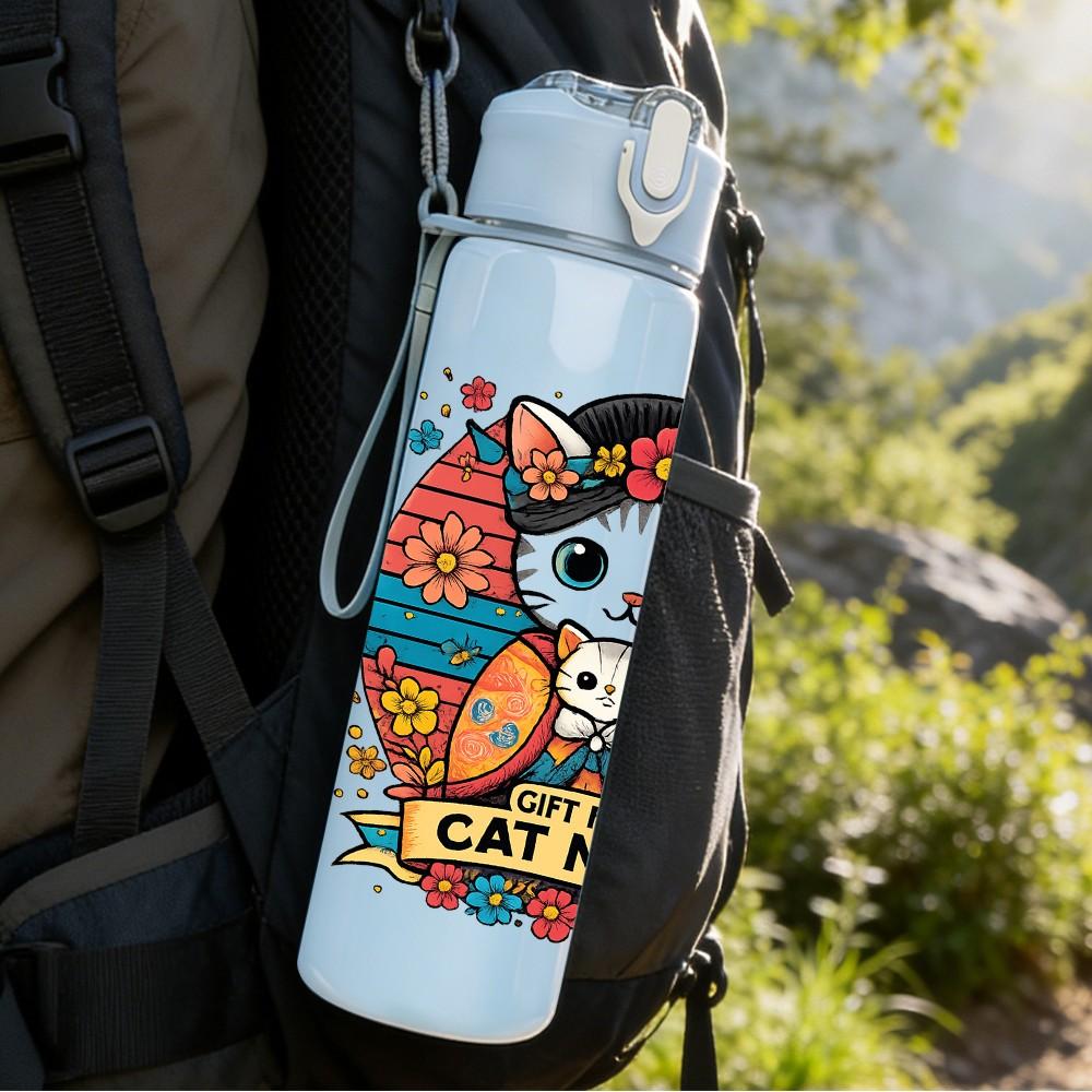 1PC Colorful Cat Mom Art 750ml Color Plastic Sports Water Bottle Leakproof Flip Straw Lid Suitable for Sports Office Home Use