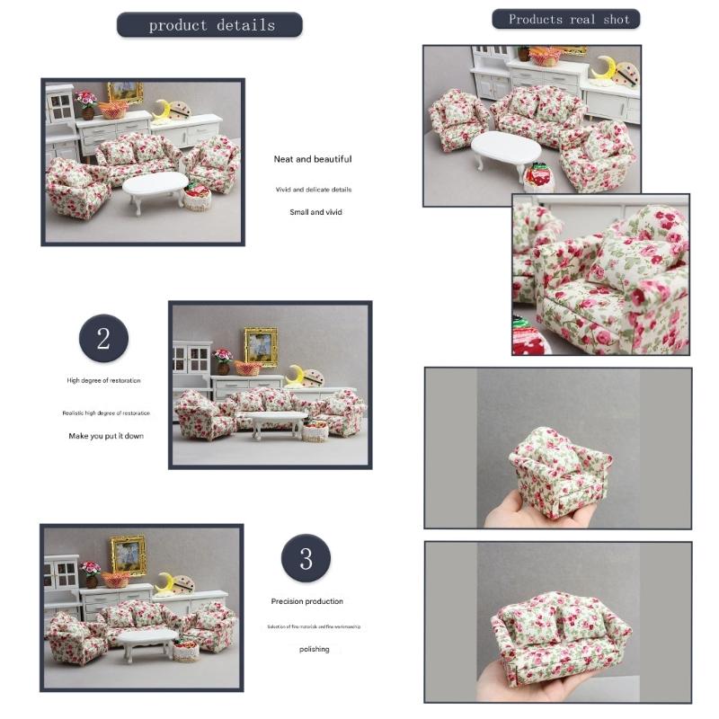 Living Room Sofa Set 1/12 Scale Wooden Base Cloth Covered Mini Furniture for Doll House Accessories and Collectibles