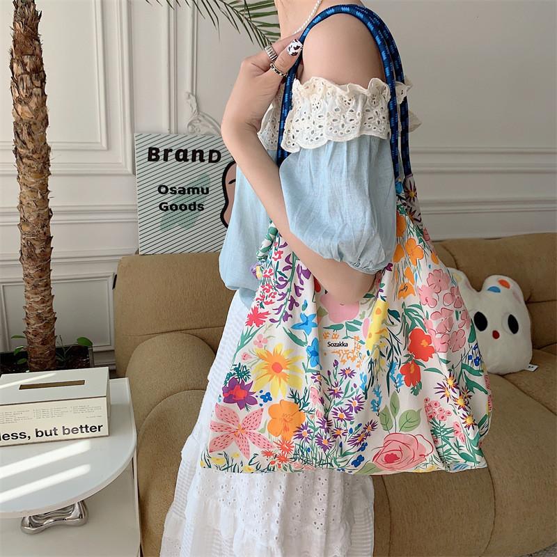 Chic Korean Style Floral Tote Bag Roomy Soft Cotton Summer Shoulder Bag For Everyday Use