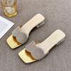 Summer  Style Women's One-Piece Sandals with Rhinestones Thick Heels with Exposed Toes Mid Heeled Slides Women Slippers