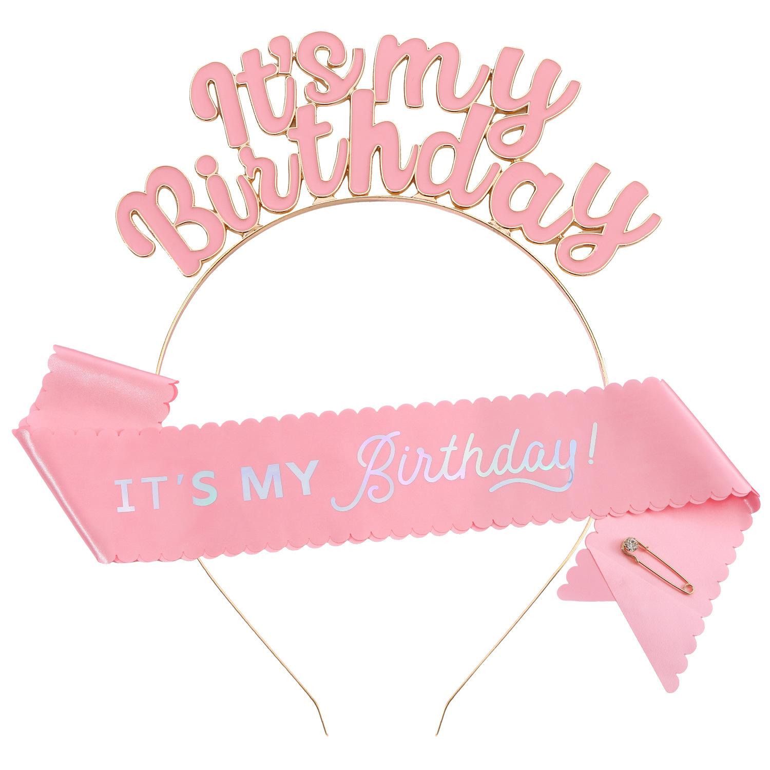

2026 Pink Birthday Headband Shoulder Strap Set It my Birthday Satin Lace Shoulder Strap Party Supplies 160*10CM