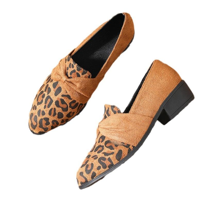 Women's Leopard Print Pointed Toe Chunky Heel Loafers, Slip-On Casual Flats, Plus Size Shoes
