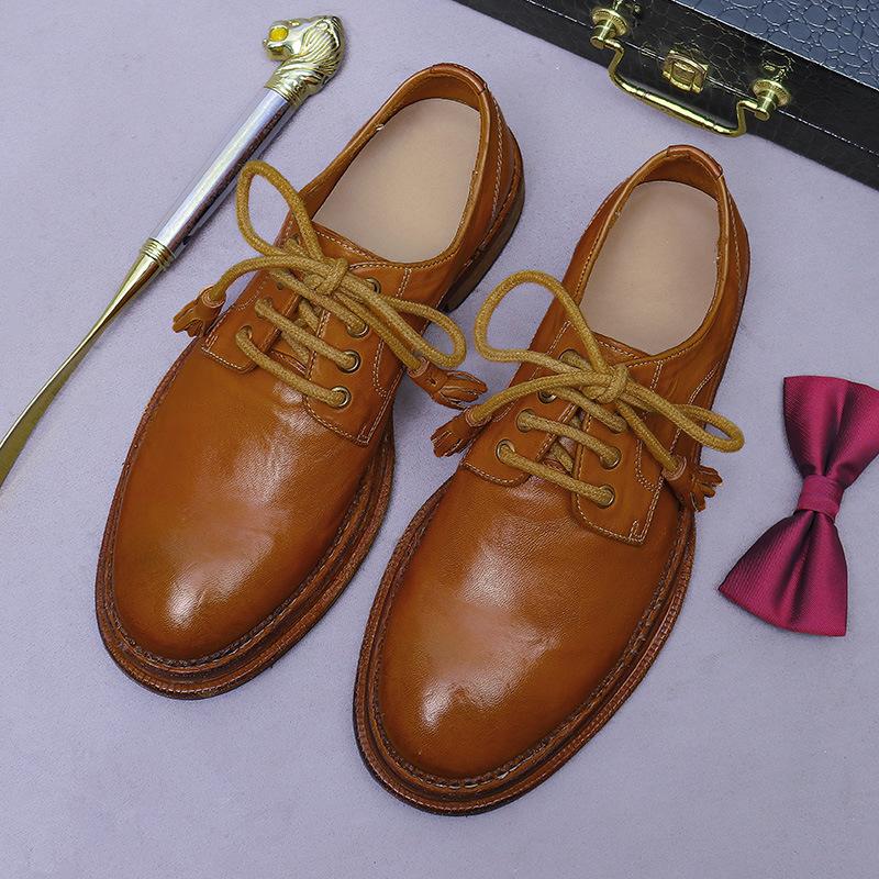 

Туфли из вымытой лошадиной кожи мужские новые универсальные с круглым носком на толстом каблуке на шнуровке кожаные туфли Goodyear 38 коричневый