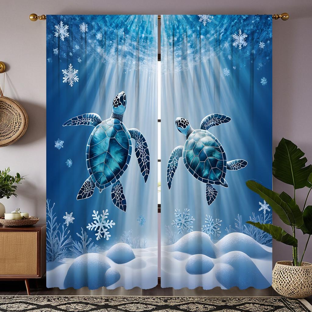 2pcs HD Sea Bottom Romantic Snowflake turtle diving decorative curtain Blue tie digital printed curtain Home Decoration style
