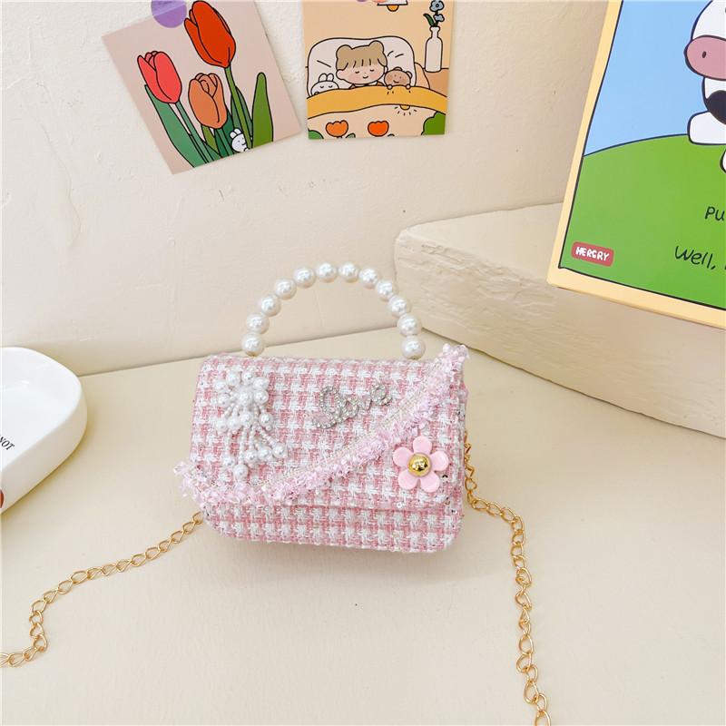 

Simulated Pearl Chain Handbag Children Shoulder Bag Outdoor Trendy Crossbody Bag Pink