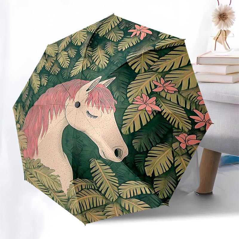 1pc Tropical Floral Pattern Automatic Folding Umbrella, Portable 3-Fold Design with Iron Frame, Perfect for Outdoor, Festive Gifts, Travel, Daily Use,
