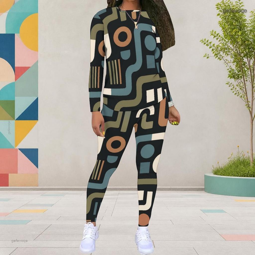 Women Plus Size Round Neck Long Sleeve Printed Top And Fitted Pants Two Piece Set
