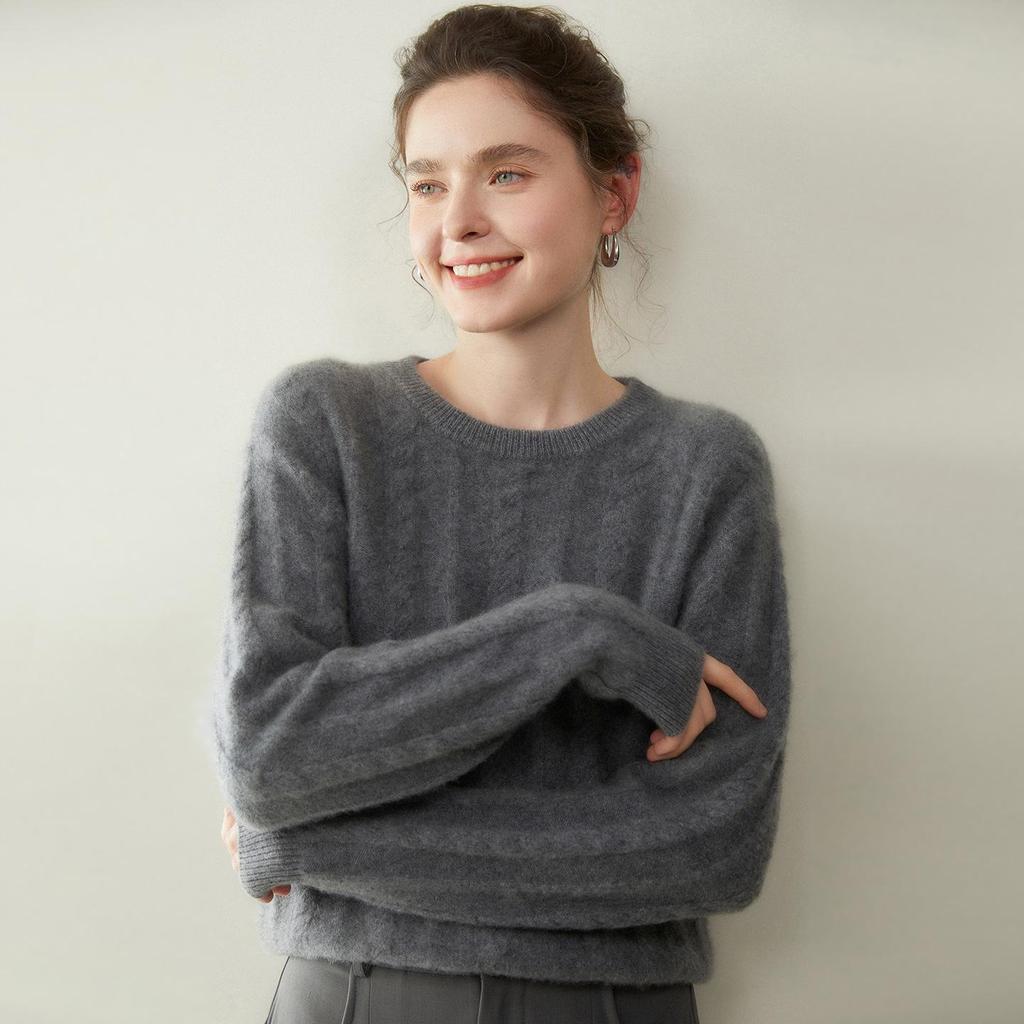 Maglione da donna in cashmere a girocollo: Lavorazione a treccia spessa, Morbido cashmere di capra, Ideale per Autunno/Inverno.