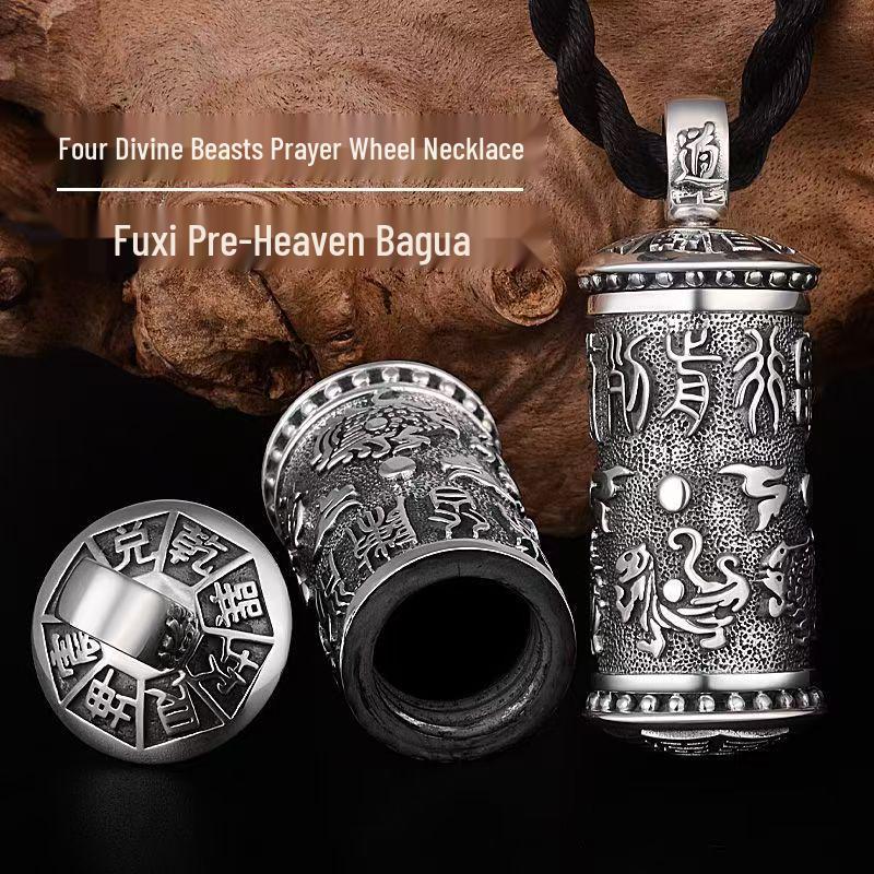 

Vintage Thai Silver Necklace with Mantra and Four Divine Beasts, Openable Pendant