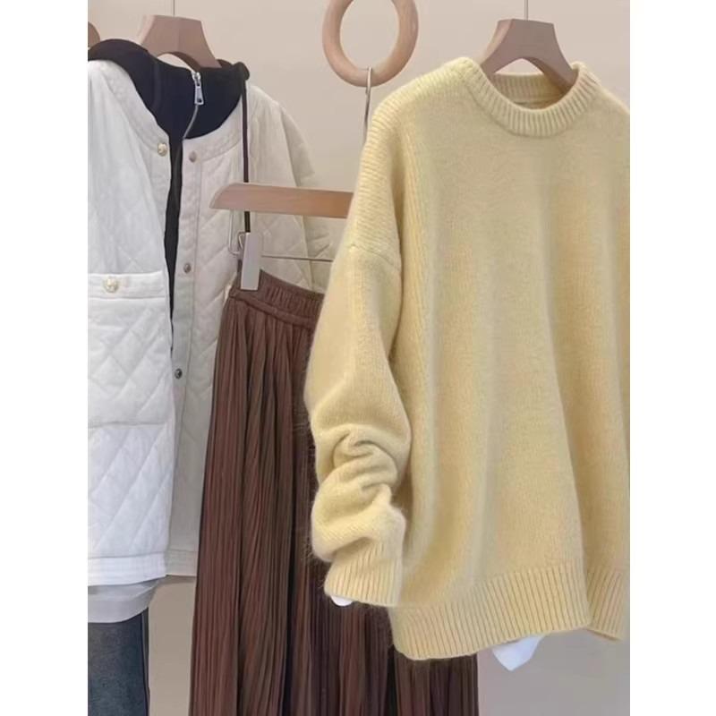 Big milk huhu soft glutinous light yellow white sweater women's autumn lazy wind round neck top